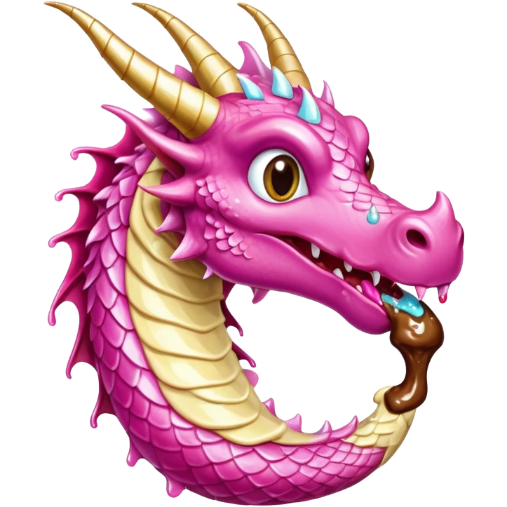 A shiny, glittery dragon in pink tones eats vanilla and chocolate ice cream emoji