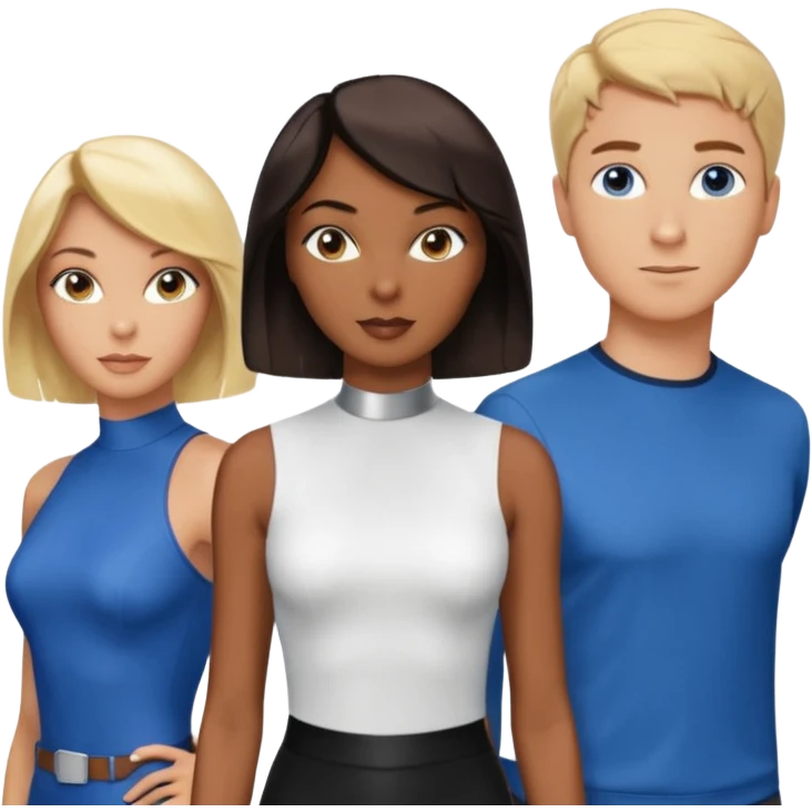 3 Friends standing side by side, charlie's angels style: 1 black woman with a short flat pressed bob, 1 hispanic man with a thin nose and long hair, and 1 white guy with blue eyes and a short brown-blonde haircut emoji