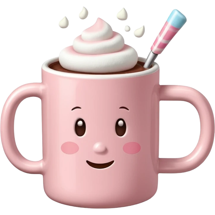 light pink mug with hot chocolate and marshmallows emoji