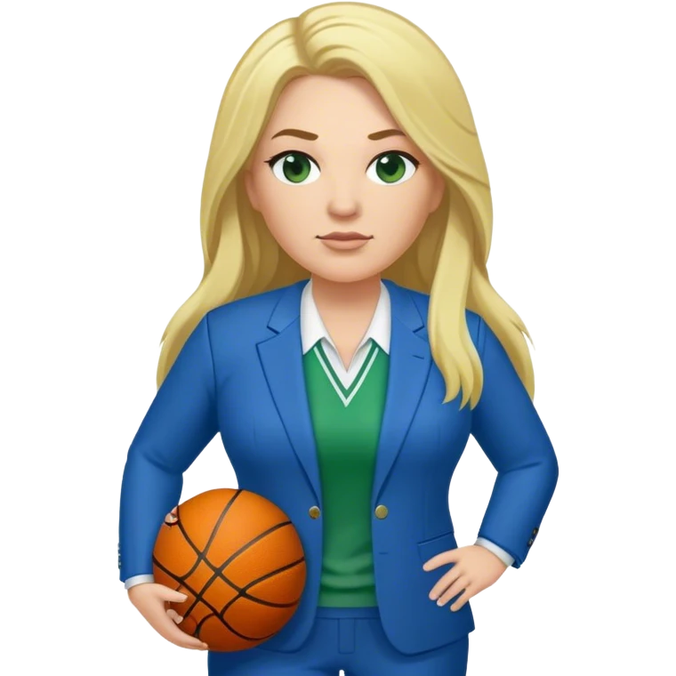 Full Body white plus size female basketball head coach with long blonde hair in a blue and green suit emoji