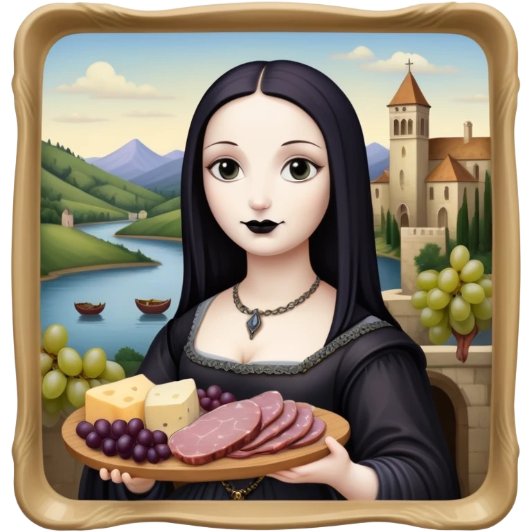  goth mona lisa with SPAM MEAT charcuterie and fruit tray renaissance landscape emoji
