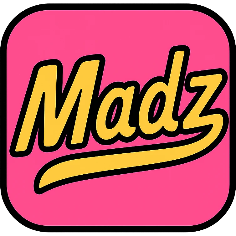 pink logo with the word 'Madz', modern bold style, square format emoji