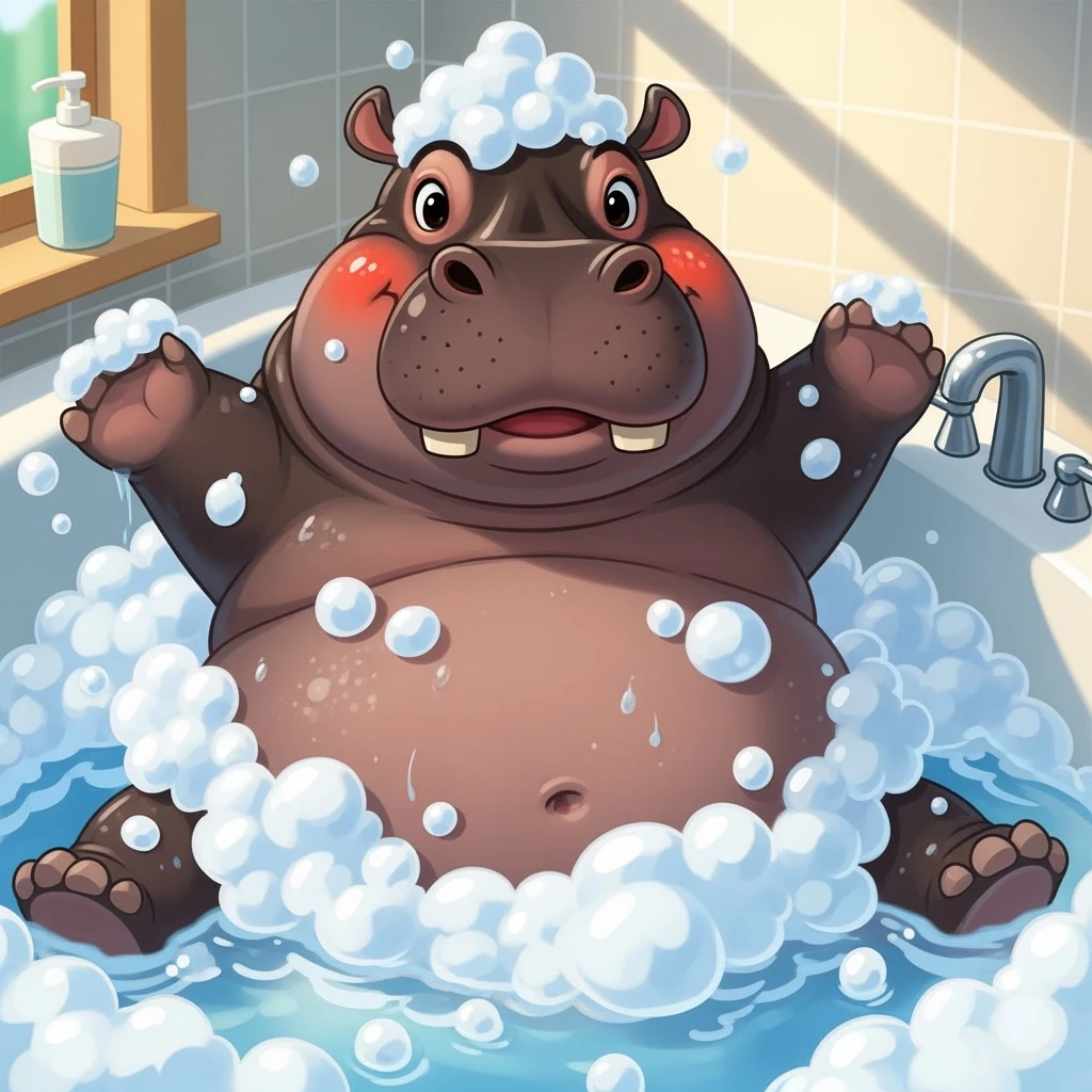 happy hippo with bubbles in bathtub emoji