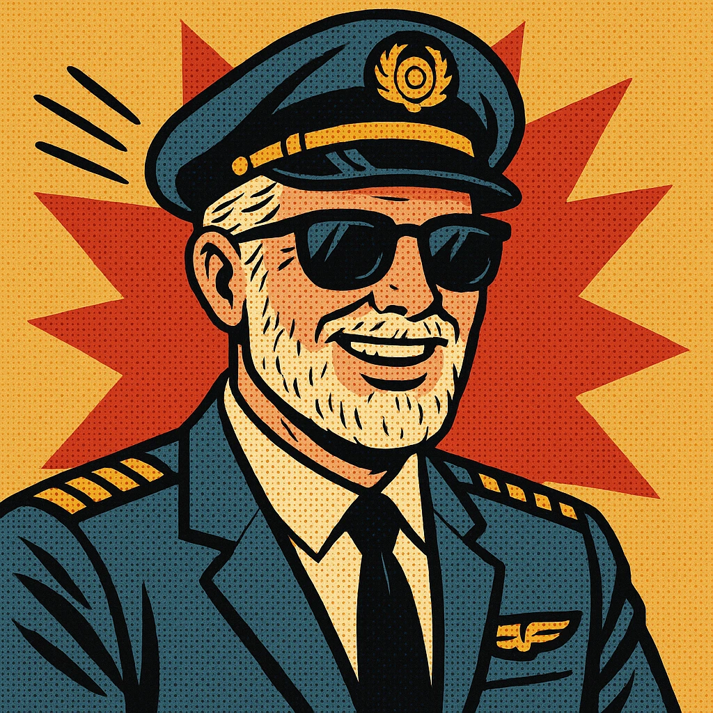 middle-aged male pilot, white skin, silver hair, beard, smiling, wearing sunglasses, old school comic book style emoji