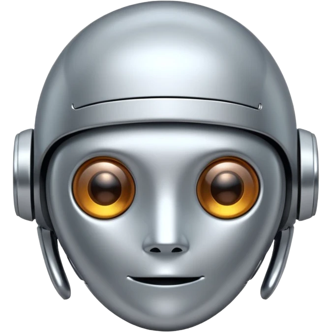A cute futuristic robot emoji made of silver chrome, rounded friendly body, minimal facial features, glossy metallic surface, soft reflections, iOS emoji style, centered, clean white background emoji