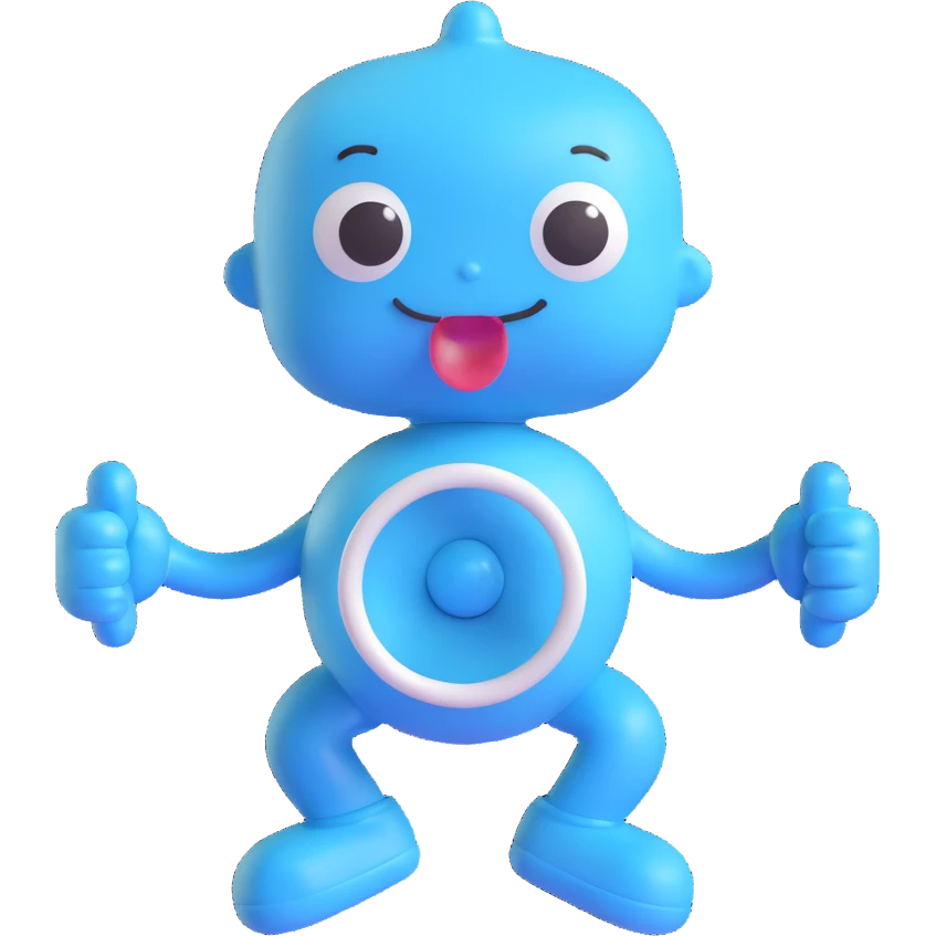3D cartoon pacifier character with arms and legs, baby blue and pink colors, mischievous expression emoji