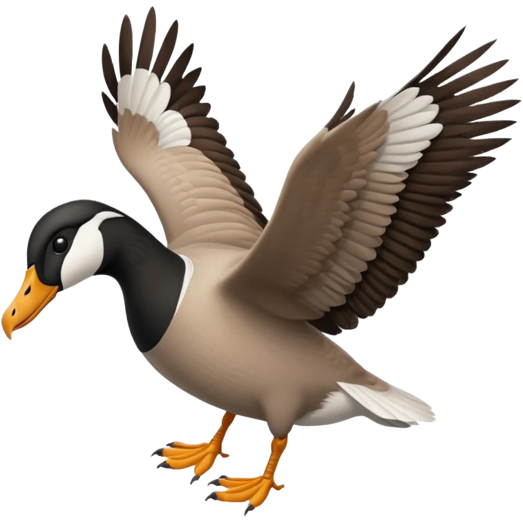 wild goose in flight, with black neck, black feet, brown wings, black-and-white head, white belly emoji