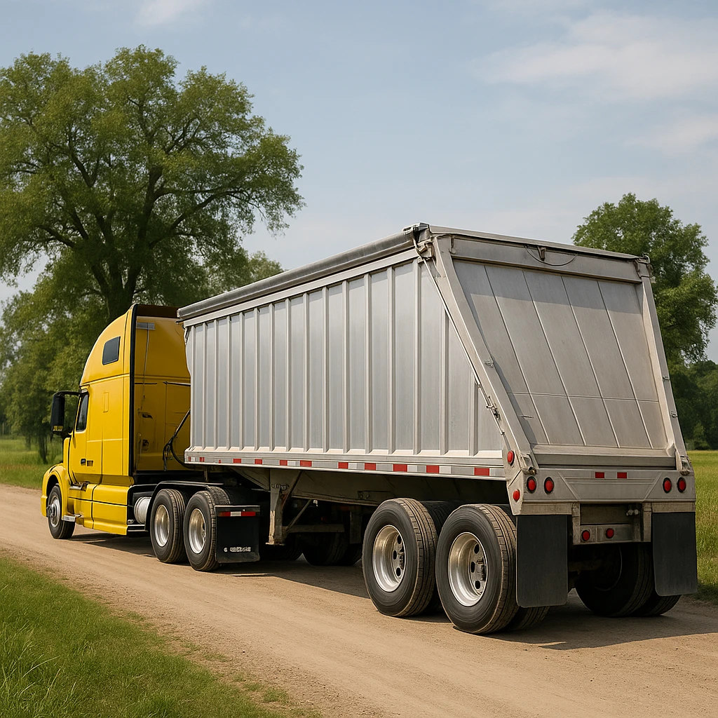 long silver end dump trailer hooked to a Volvo yellow semi sleeper truck, both in normal driving position, photorealistic rear three-quarter angle view, daytime country scene with trees, grass, and a dirt road, truck driving away emoji