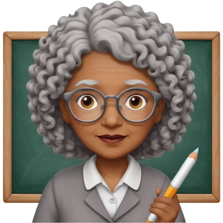 old woman teacher, brown skin, curly grey hai, wearing glasses, hold chalk on hand emoji
