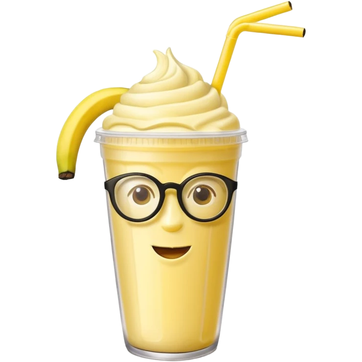 banana milkshake in a take-out cup with glassess and long lashes and banana on top emoji