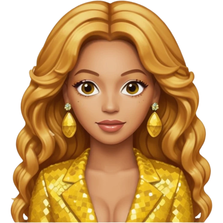 Beyonce with long strawberry blonde hair, yellow sequin outfit and earrings  emoji
