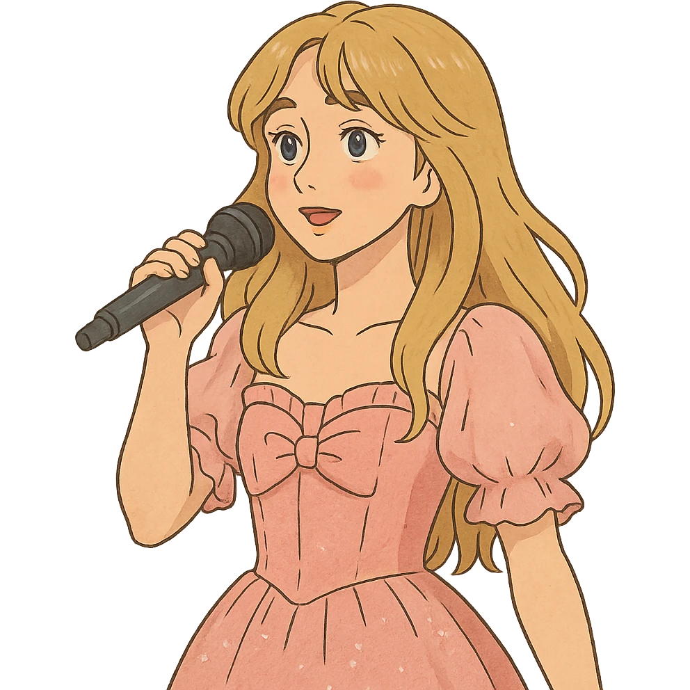 Sabrina Carpenter in a fancy pink outfit with a microphone emoji