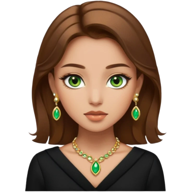 Μια κοπέλα καστανή με μαύρα ωραία ρουχα και σκουλαρίκια και κοσμήματα και βαμμένη ελαφρό και πράσινα μάτια τα κοσμήματα λίγα και χρυσα emoji