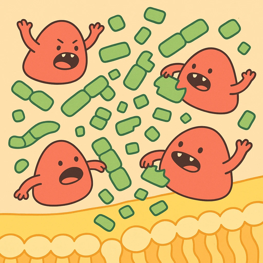 A realistic really detailed of enzymes (red) breaking down starch (green) near a cell membrane (yellow). Macro photography style. No labels. emoji