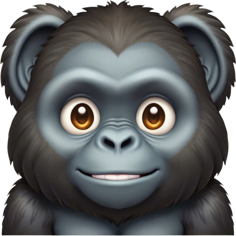 Cinematic Cute Gorilla Portrait Emoji, Head tilted playfully and inquisitively, with a robust, endearingly soft face accented by tender fur and round, sparkling eyes full of warmth, Simplified yet irresistibly adorable features, highly detailed, glowing with a warm, friendly jungle glow, high shine, affectionate and lively, stylized with a touch of whimsical charm, soft glowing outline, capturing the essence of a mischievous yet loving gorilla that feels like it could lumber out of the screen into your arms! emoji
