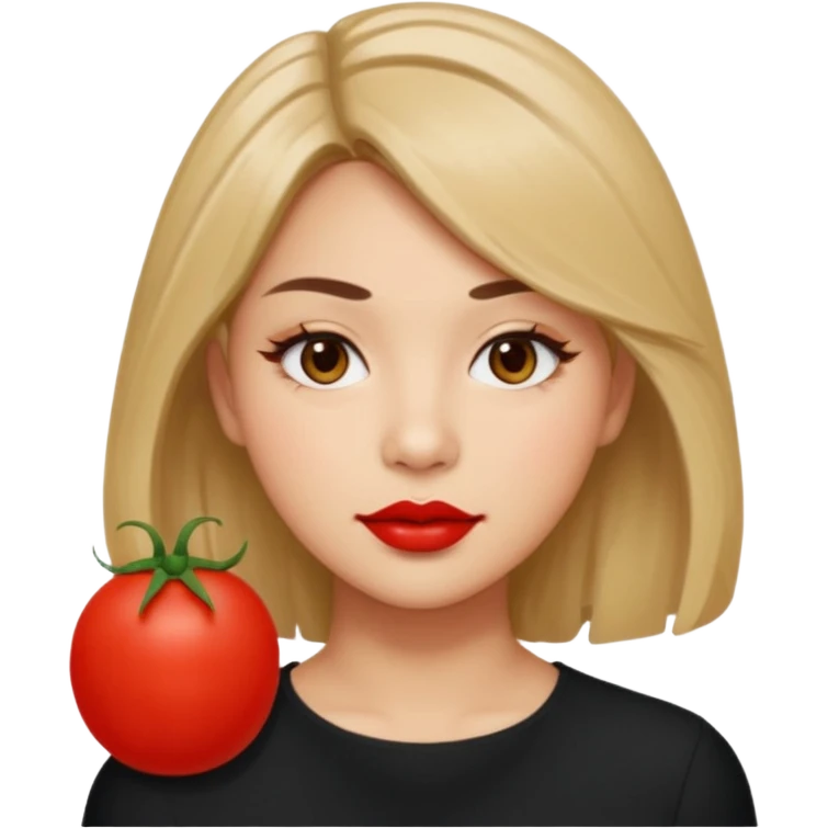 A woman in her 20s with medium hair without bangs, with double eyelids, a round face shape, with a confident look on her face. And her nickname is tomato. emoji