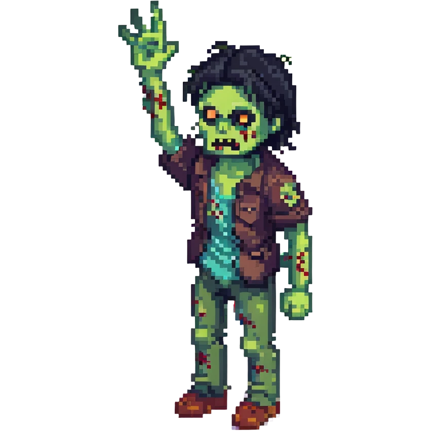 isometric zombie with one arm raised in the air and messy black hair emoji