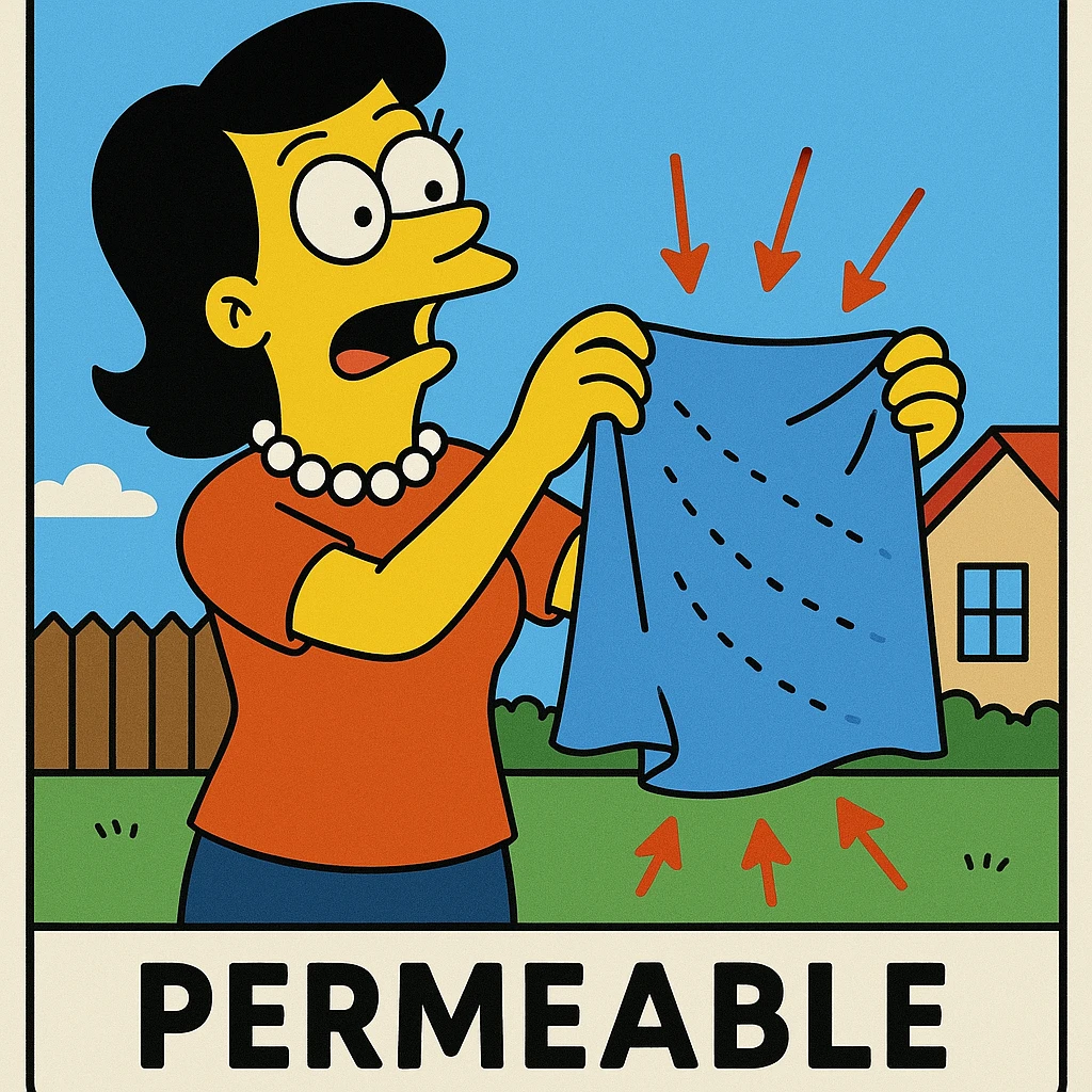 Permeable – allowing things like water or air to pass through.
This fabric is permeable, so it lets sweat escape (allows sweat to pass through and not stay trapped on your skin). emoji