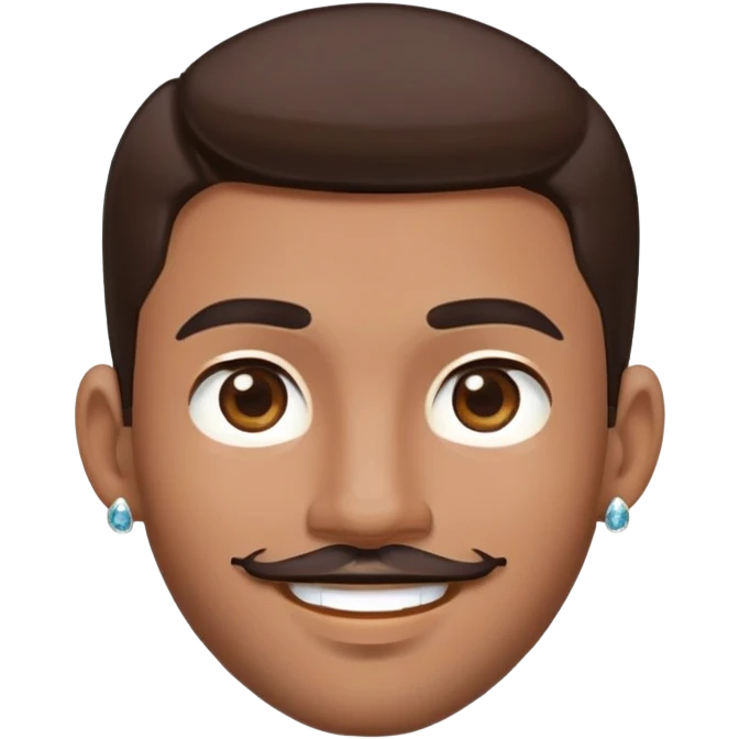 Apple-style cartoon emoji of a floating head only, young man with medium brown skin, mixed-race ethnicity, long dark brown hair with PERFECT MIDDLE PART exactly centered, mustache separated from goatee, medium brown eyes, small diamond stud earrings, absolutely no neck or shoulders visible emoji