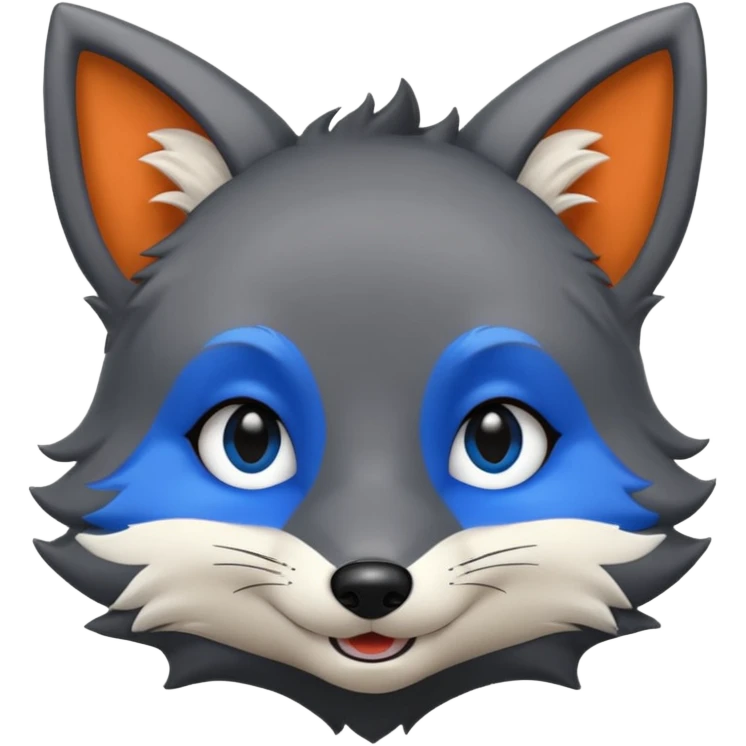 Grey anthropomorphic furry fox with a black coat, blue eyes, and a small fringe of black hair, smiling emoji