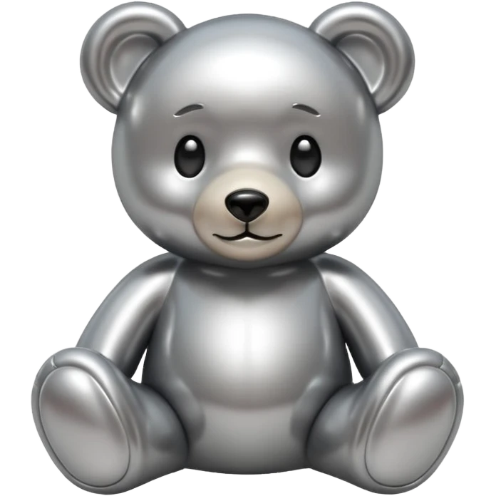 A cute teddy bear emoji made of liquid silver chrome, smooth rounded body, glossy metallic surface, soft reflections, friendly proportions, iOS emoji style, centered, clean white background emoji