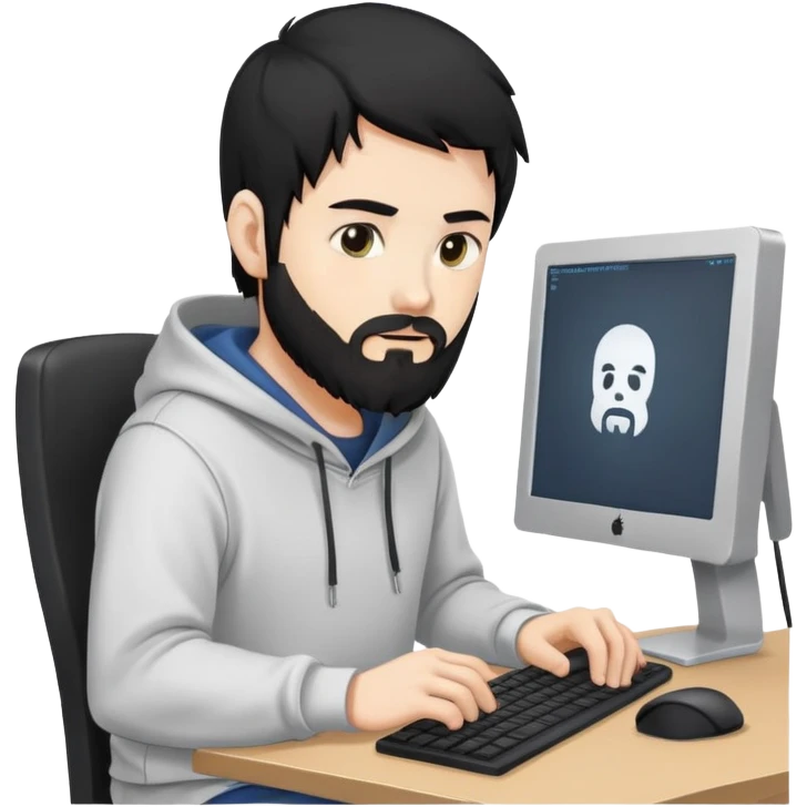 male coder with black hair, beard, and white skin, wearing a hoodie, sitting in front of a computer, focused on coding emoji