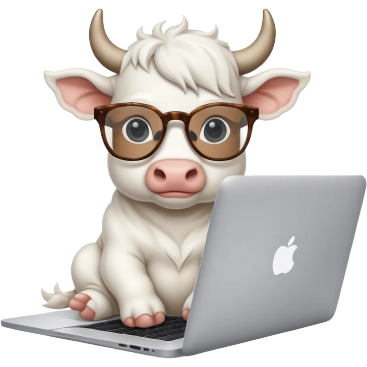 baby white bull in fancy glasses sitting in front of a macbook, working  emoji