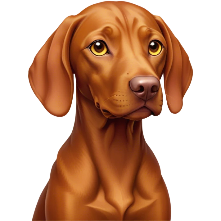 Cinematic Noble Vizsla Portrait Emoji, Poised and regal, with a sleek, athletic build and a short, smooth Fur of rust and gold, deep-set soulful amber eyes, Simplified yet sharp and sophisticated features, highly detailed, glowing with a soft, dignified glow, high shine, intelligent and agile, stylized with an air of determination, focused and attentive, soft glowing outline, capturing the essence of a watchful and confident companion, so majestic it feels as though it could sprint out of the screen with effortless authority! emoji