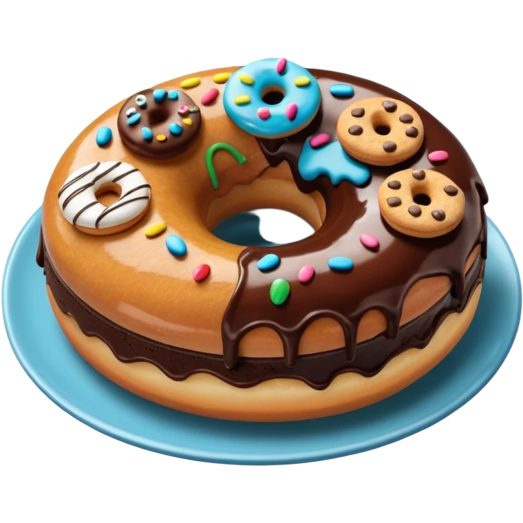 Monster donut with chocolate icing, there are drawn cookies and beautiful icing drawings on a white plate good quality emoji