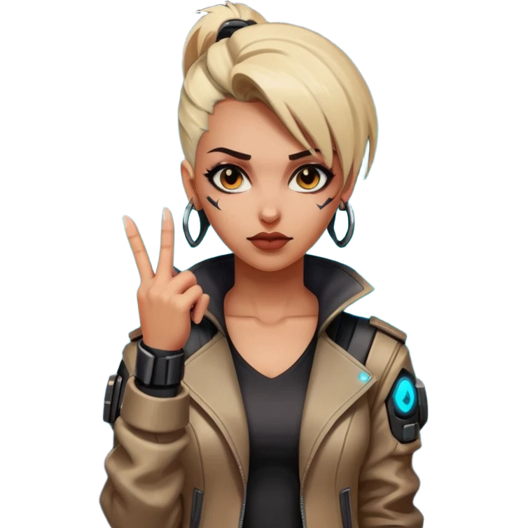 Woman with her tongue out in cyberpunk clothing and giving the middle finger. Looking naughty. emoji