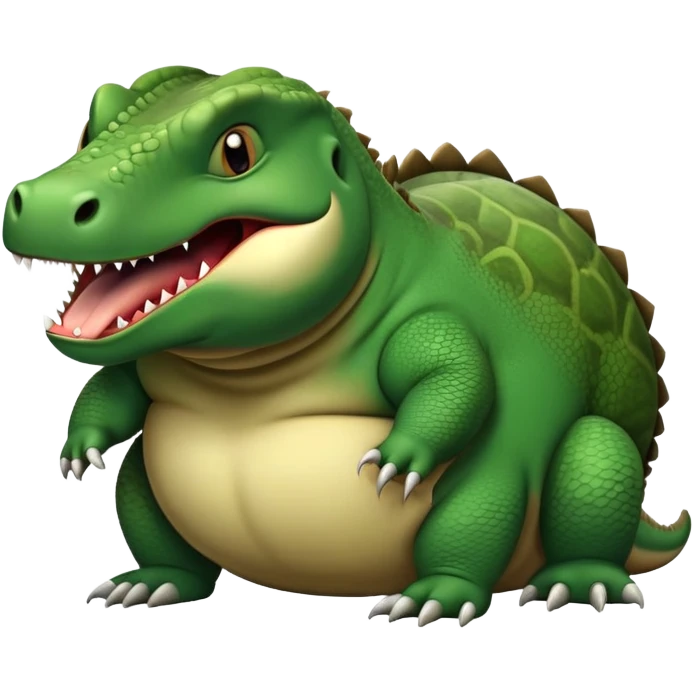 A very chubby, overfed komodo dragon with a round belly, making a hiccup expression with its mouth open slightly emoji