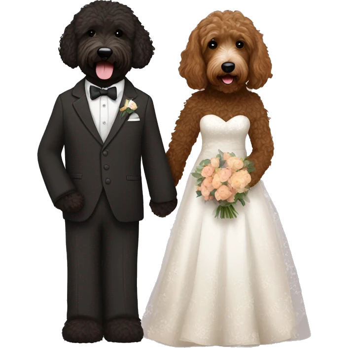 Black and brown bernadoodle in wedding dress and dark brown Australian labradoodle in suit emoji
