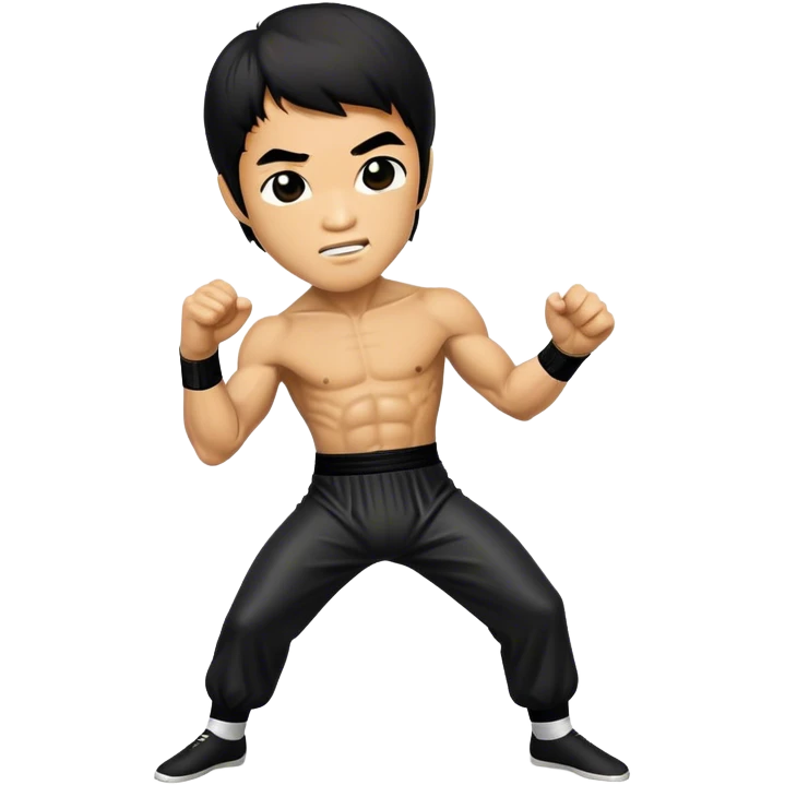 Cinematic Realistic Bruce Lee Pop Culture Emoji, featuring a dynamic portrayal of the legendary martial artist rendered with crisp detail and energetic lighting. emoji