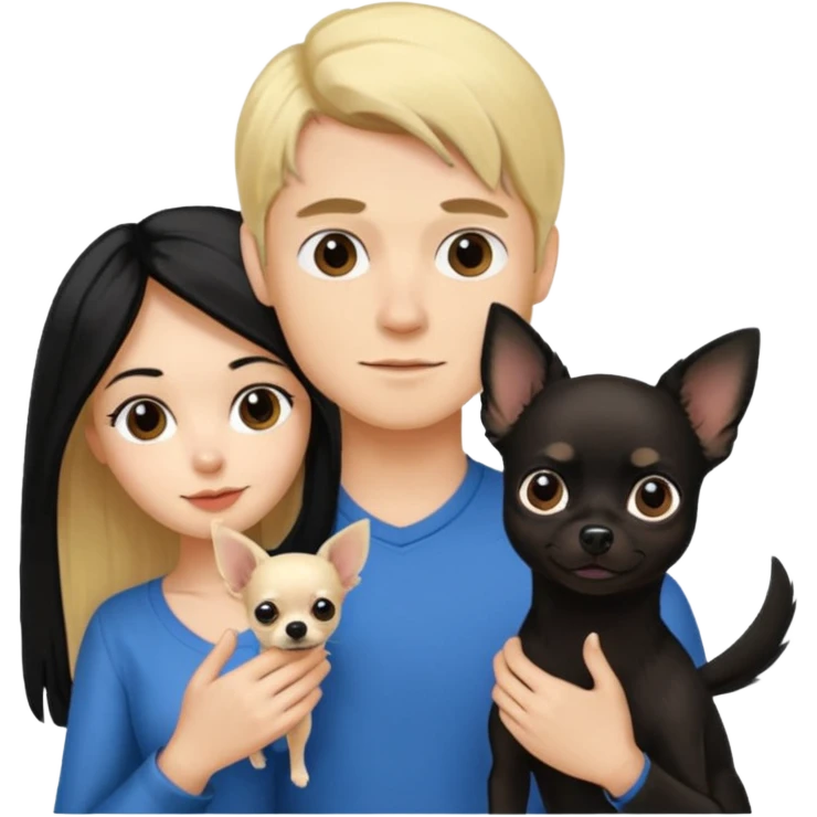  Pareja Chico pelo largo rubio. Chica pelo negro y chihuahua negro  emoji