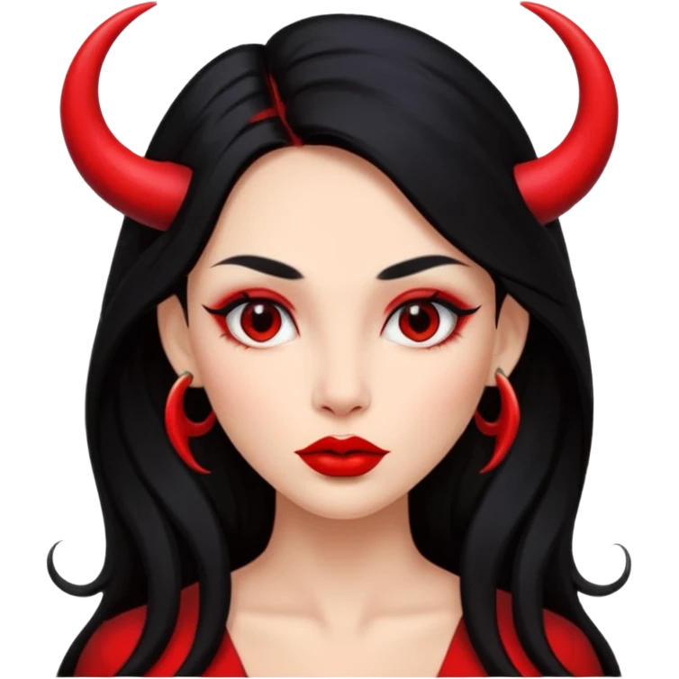 A girl's face with cheekbones, skin red, long black hair, small red horns, big lips emoji