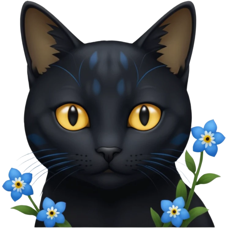 Un chat noir qui jou avec myosotis bleu emoji