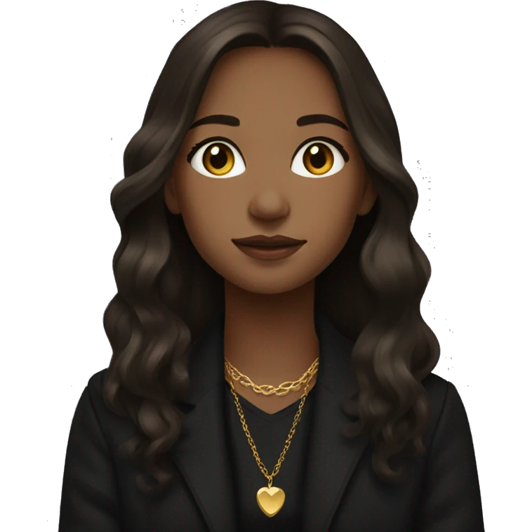 Brown long hair and gold eyes girl in black sweater and black coat, wearing gold earring and gold necklace  emoji
