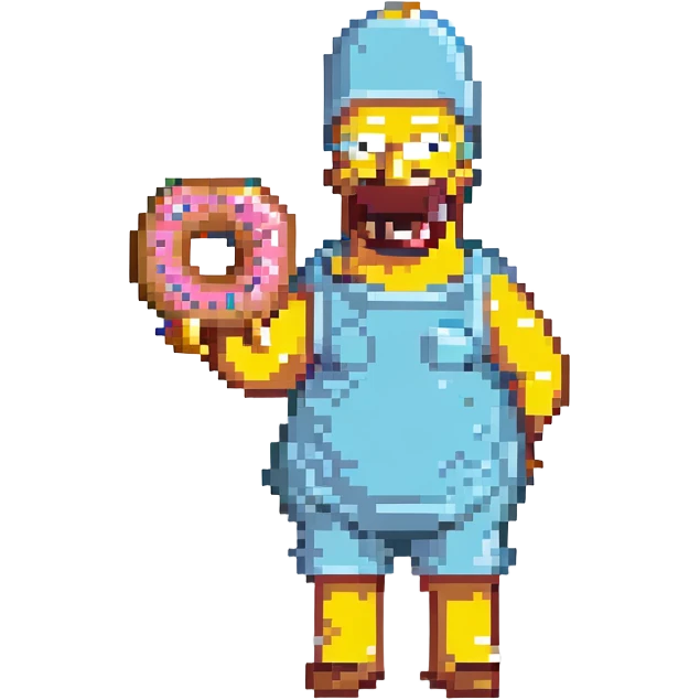 Homer Simpson pixel art style, simplified features, holding a donut emoji