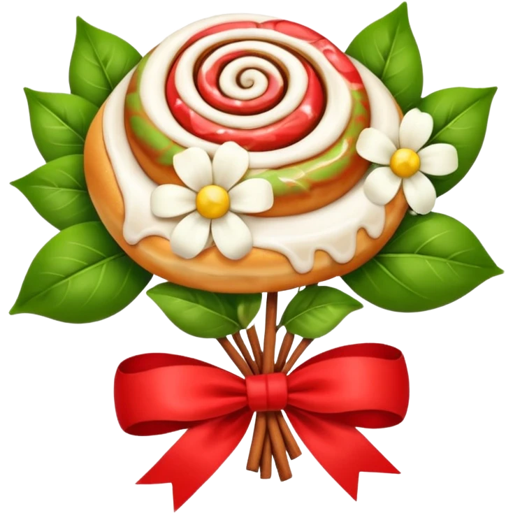 A cinnamon roll , white flowers bouquet with red ribbon and cute white bow emoji
