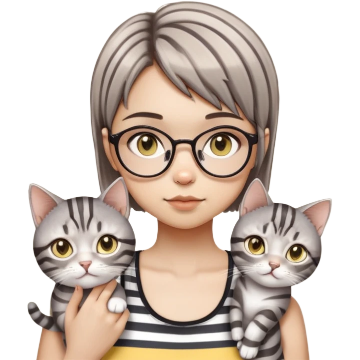 a girl with round glasses holding two gray striped cats. The girl has a short brown bob haircut and is wearing a dark tank top. The cats are silver tabby with bright yellow eyes. The overall style is cute and soft, resembling digital art or anime-style character design. The illustration depicts the close relationship between a person and their pet, with the girl gently cradling her cat.​​​​​​​​​​​​​​​​ emoji