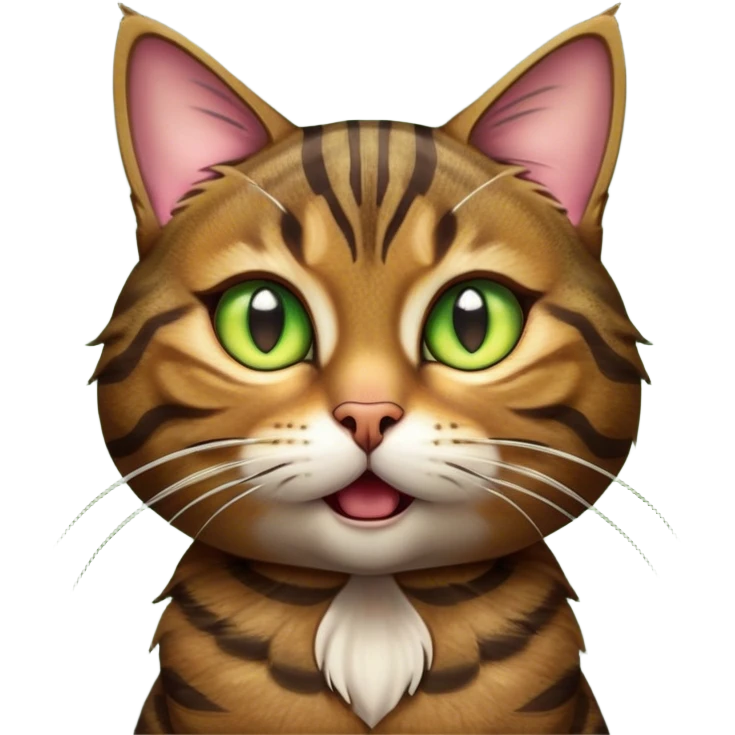 Cinematic Comical Brown Tabby Cat Portrait Emoji, Head tilted dramatically with an exaggeratedly shocked or offended expression, rich brown fur with bold dark tabby stripes, wide piercing golden-green eyes filled with exaggerated disbelief, Simplified yet hilariously expressive features, highly detailed, glowing with a slightly sassy glow, high shine, dramatic yet playful, stylized with an air of attitude, bright and endearing, soft glowing outline, capturing the essence of a sassy and over-the-top feline, so meme-worthy it feels like it could side-eye its way into internet fame instantly! emoji