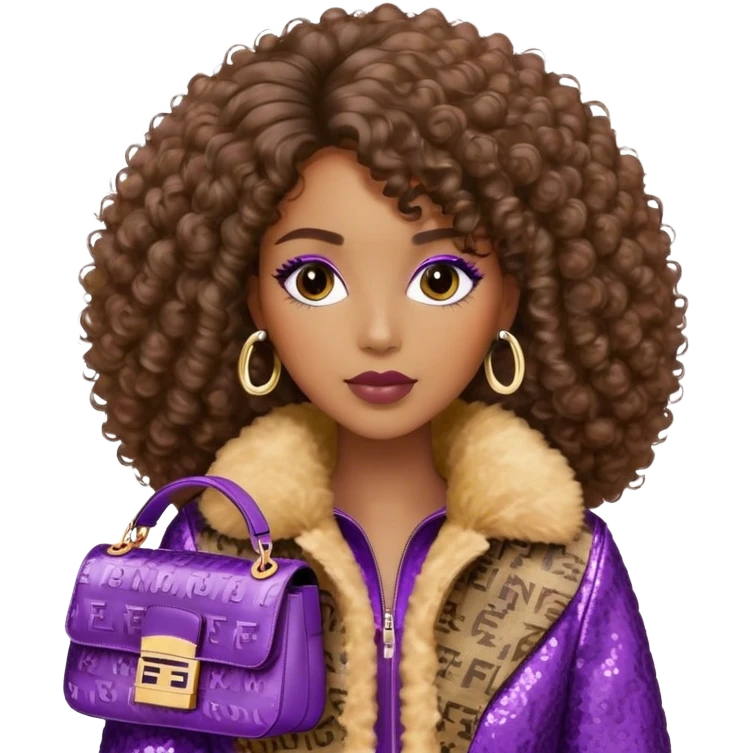 Beautiful black woman with curly hair. She is wearing a brown monogram Fendi jacket with a fur trim. She is carrying a Fendi Baguette
Purple sequined bag. I want the image close up. The jacket is not purple.  emoji