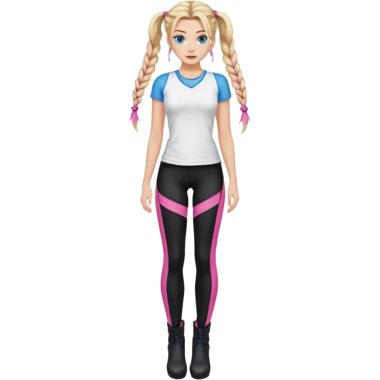 Beauty with blonde balayage and pink highlights long hair half braids with blue eyes wear White sexy top and black Leggins and Boots with heels emoji