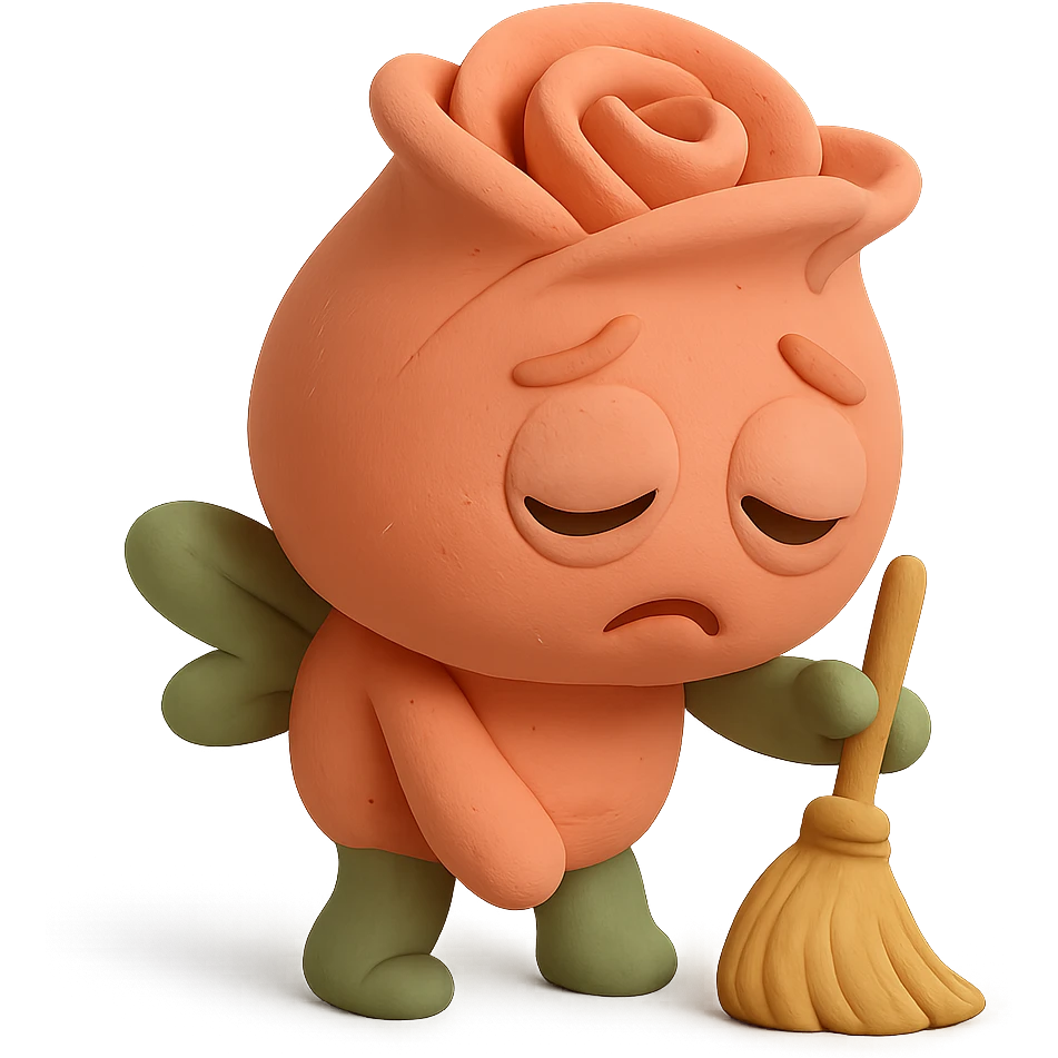 Keep the same claymation-style soft pink rose flower character with puffed cheeks, dark round eyes, chubby round body, curled rose petals on top, and stubby green leaf arms and legs. Change the expression to droopy eyes and an exhausted face, with a slumped posture while sweeping with a tiny broom. Pastel tones, chibi round shape emoji