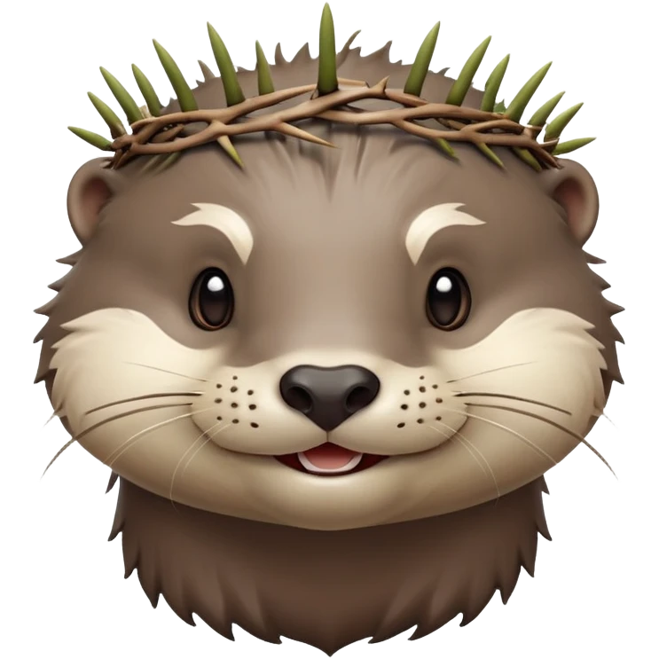 really cute smiling joyful otter face in three-quarter profile view with simple thorny stem wrapped horizontally around its forehead like Jesus Christ's Crown of thorns, no crown shape on top, just thin spiky branches circling the forehead emoji