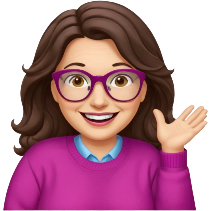 50 yr Caucasian woman, long dark brown hair parted on side, brown eyes, brown glasses, big smile, white teeth, fuscia sweater, chubby, wavy hair emoji