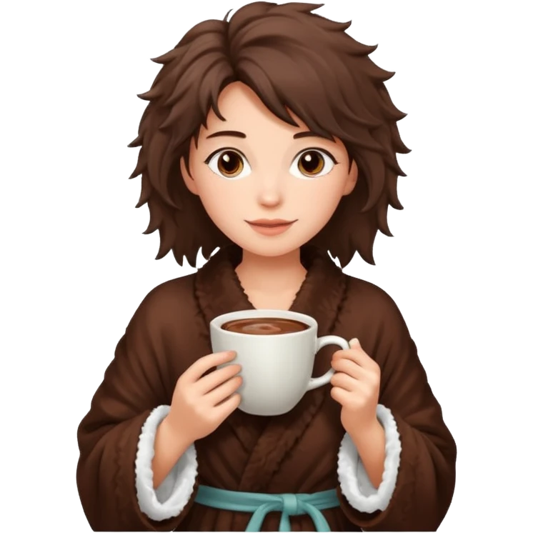 {
      "type": "human",
      "look": "fluffy robe woman, messy hair, holding cup of cocoa",
    } emoji