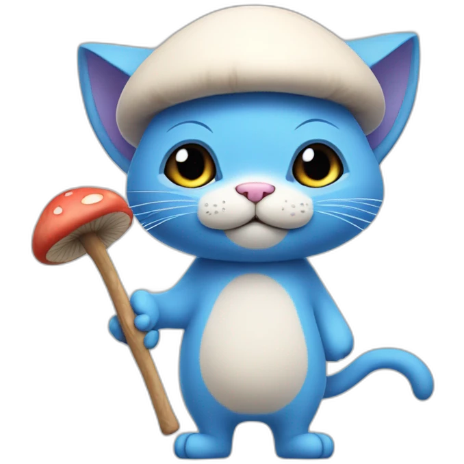  Cute Blue Cat NO ears wearing a mushroom cap carrying a stick in one arm standing on two legs no hair  emoji