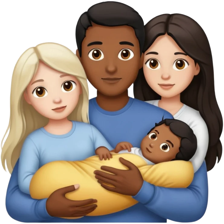 Couple male with brown skin black hair and brown eyes female with white skin light brown long hair and hazel eyes holding one baby emoji