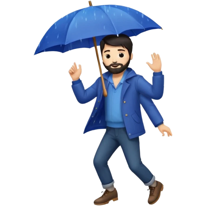 A dark-haired boy with a white beard dancing with an umbrella in the rain emoji